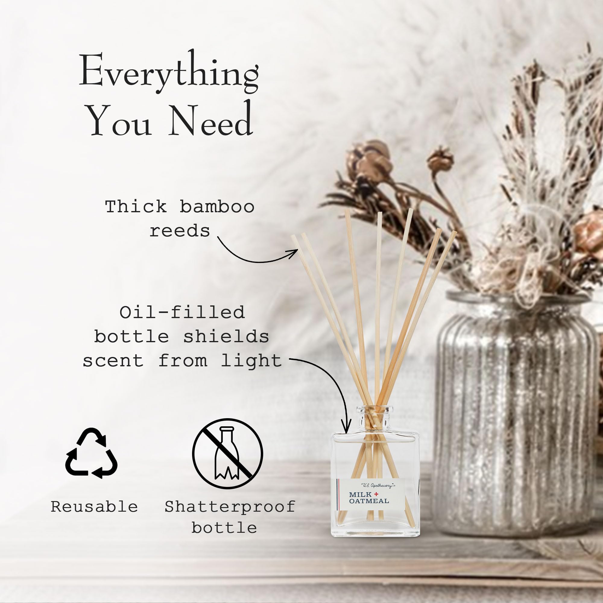 US Apothecary diffuser detail highlights oatmeal extract and milk proteins