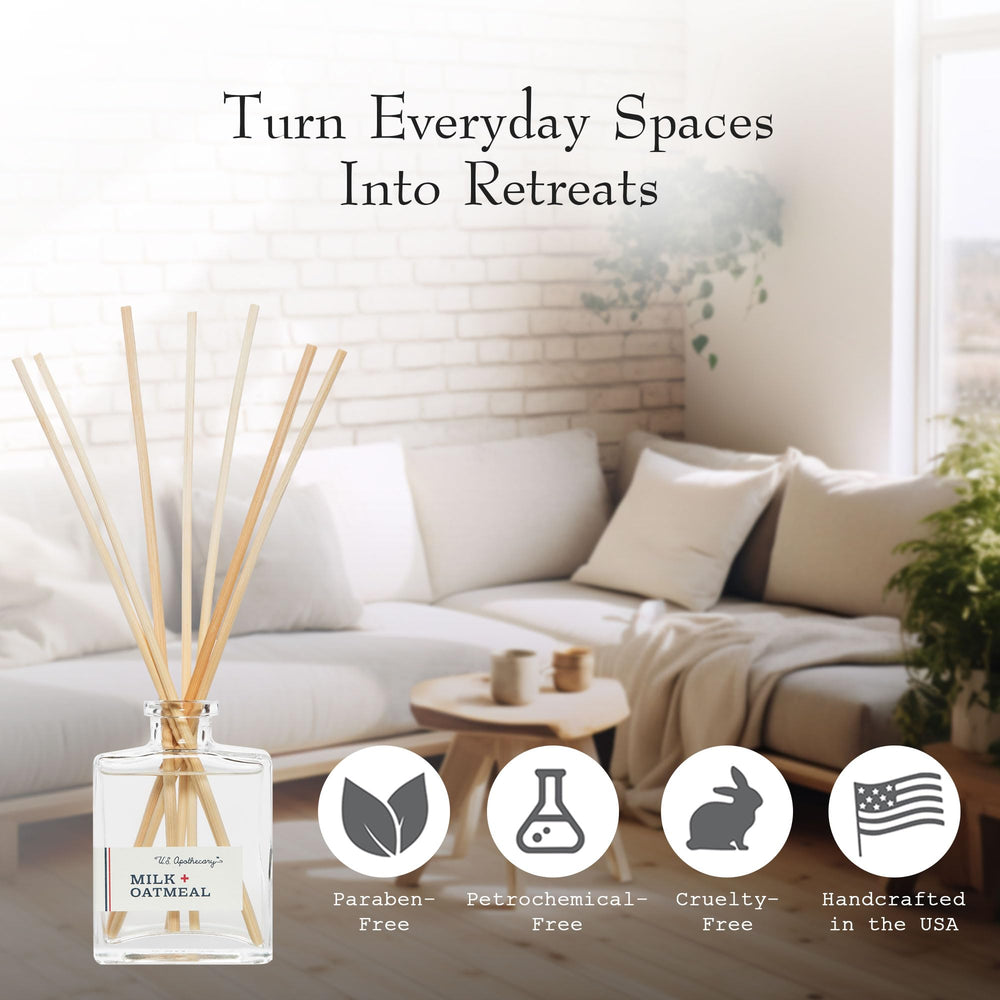 US Apothecary Milk and Oatmeal diffuser reeds fanned for fuller diffusion