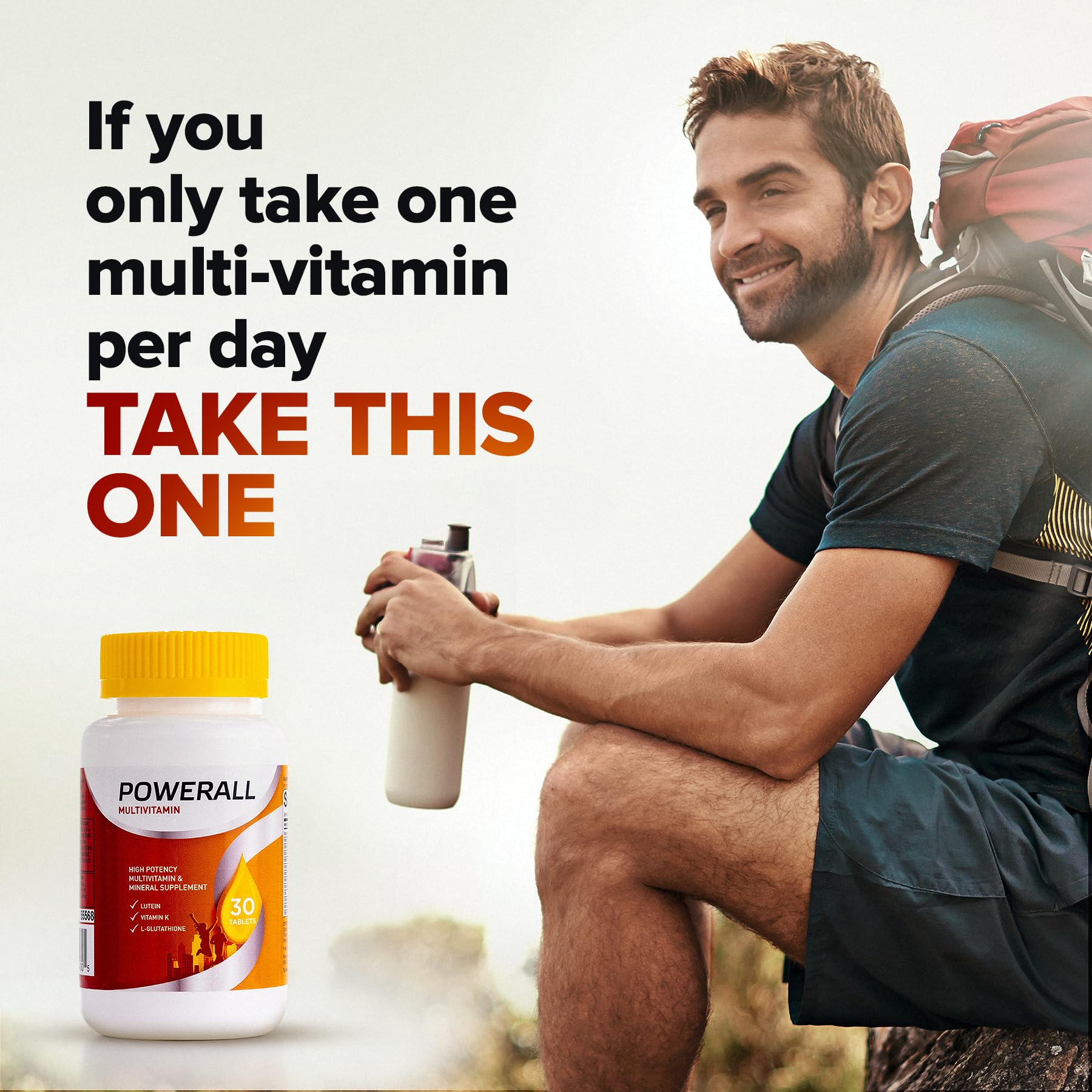 POWERALL lifestyle image shows active adults using daily multivitamin on the go