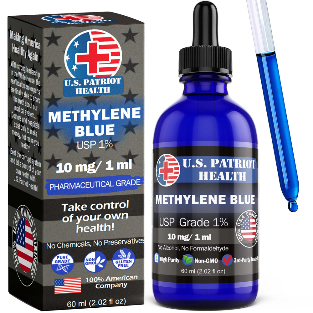 U.S. Patriot Health Methylene Blue bottle front view for easy dosing and accessibility