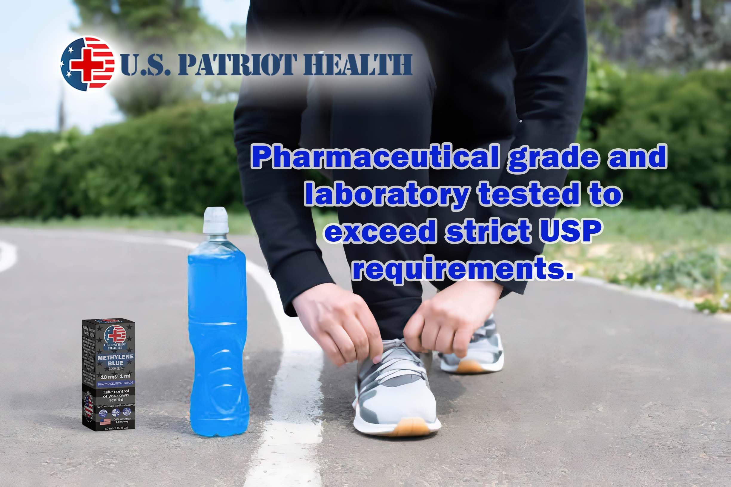 U.S. Patriot Health Methylene Blue glass bottle on wood for home use