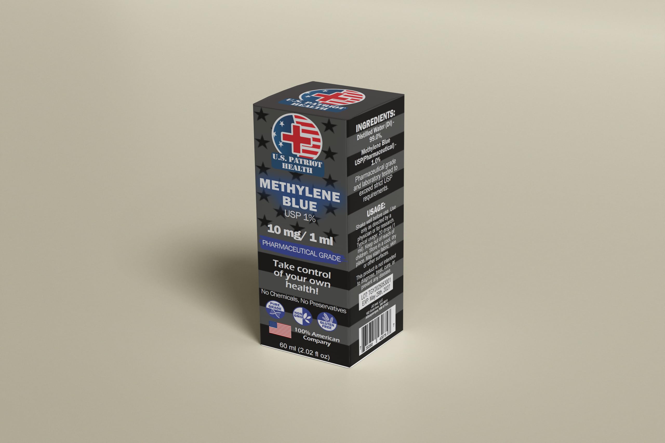 U.S. Patriot Health Methylene Blue vivid blue in dropper for color visualization