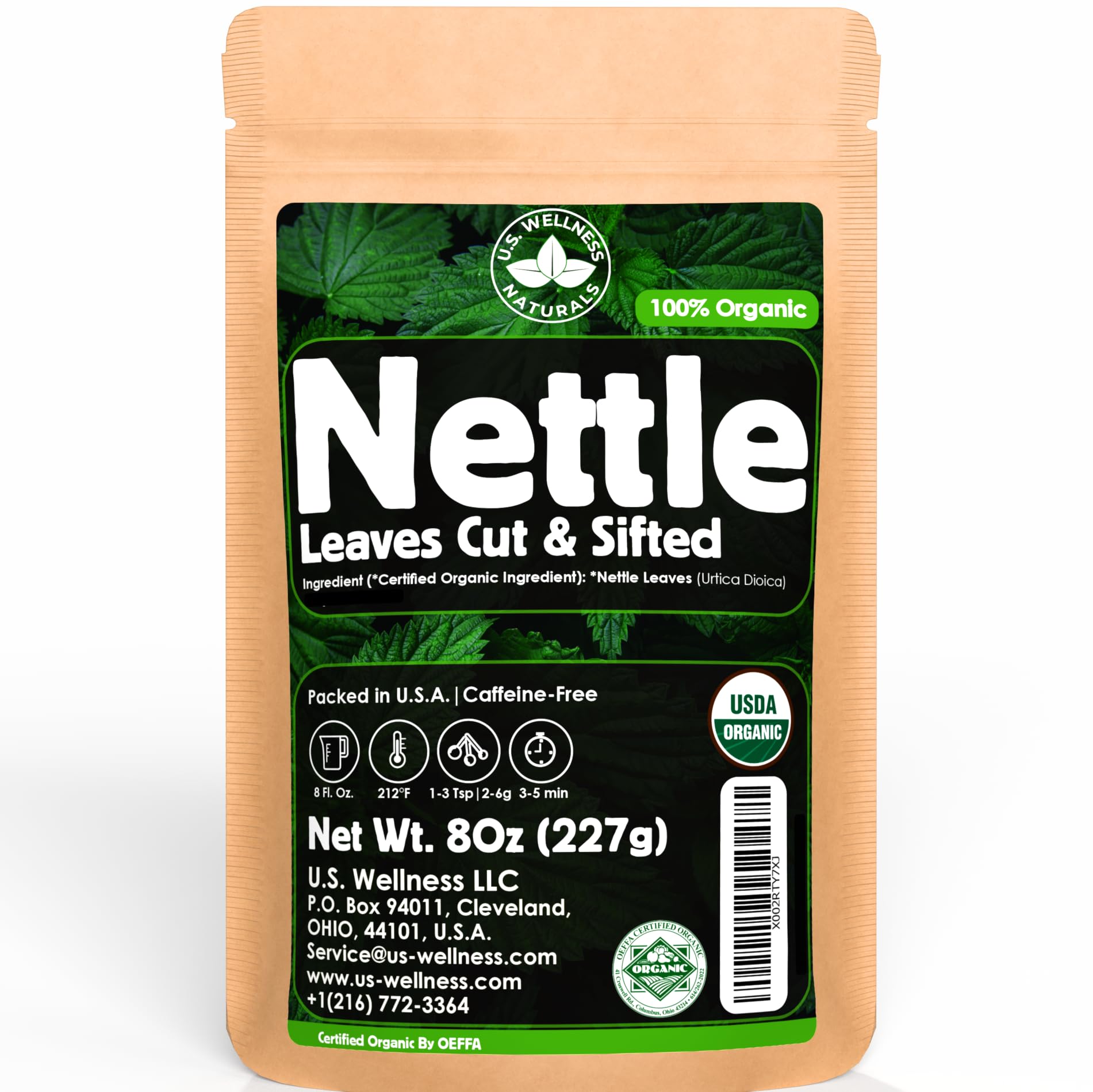 U.S. Wellness Naturals nettle tea 8oz loose leaves for a soothing infusion.