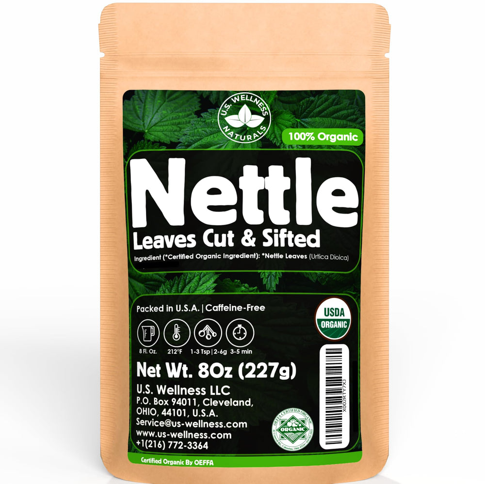 U.S. Wellness Naturals nettle tea 8oz loose leaves for a soothing infusion.