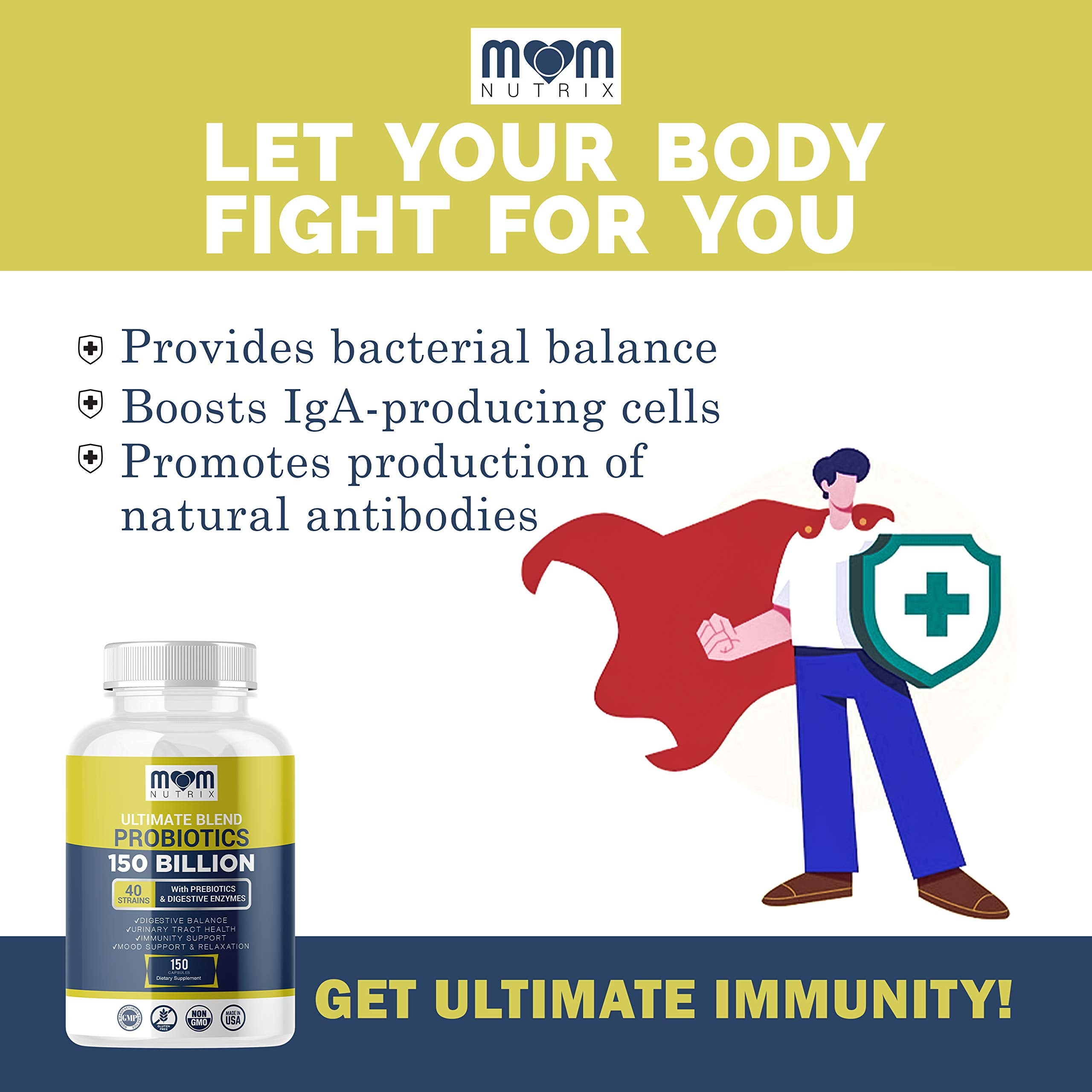 USA-made MOM NUTRIX bottle label highlighting organic prebiotic and digestive enzymes
