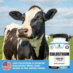 Label on American Standard Colostrum bottle highlights USA-sourced purity.