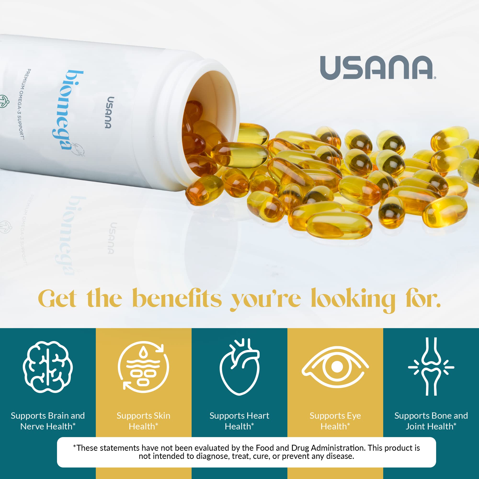 USANA BiOmega bottle on shelf in clean, bright setting.