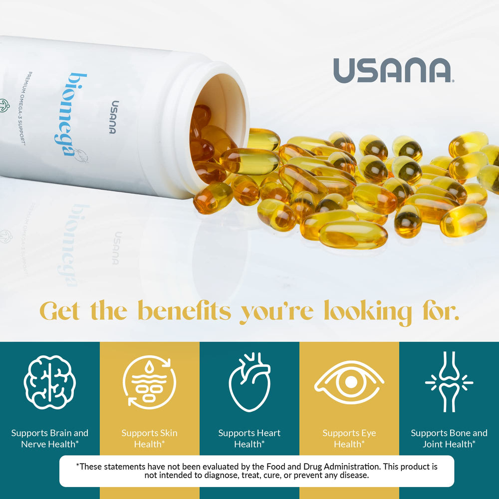 USANA BiOmega bottle on shelf in clean, bright setting.