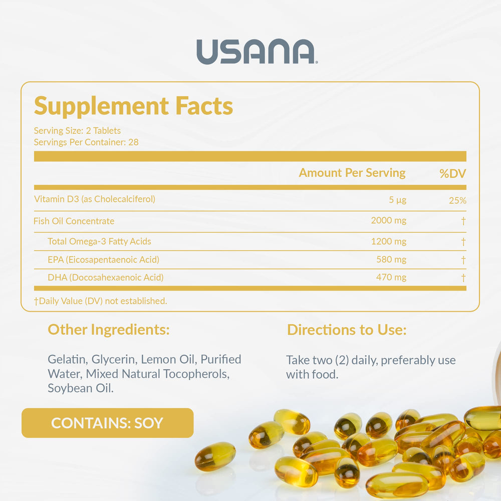 USANA BiOmega capsules close-up highlighting smooth texture for easy swallowing.