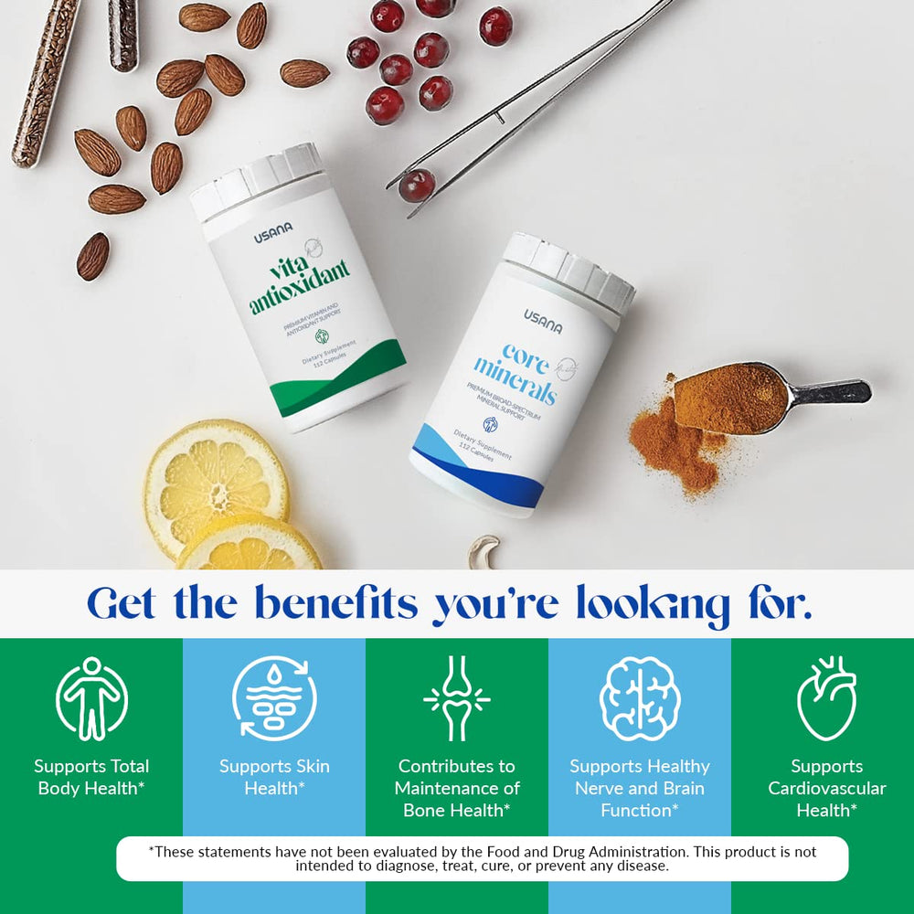 Close-up of USANA Core Minerals tablets showing essential vitamins