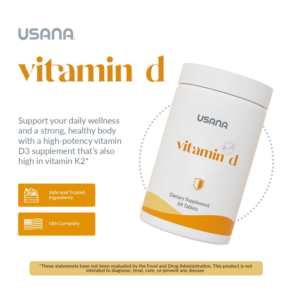 USANA Vitamin D label with vitamin K2 highlighting supports healthy vessels.