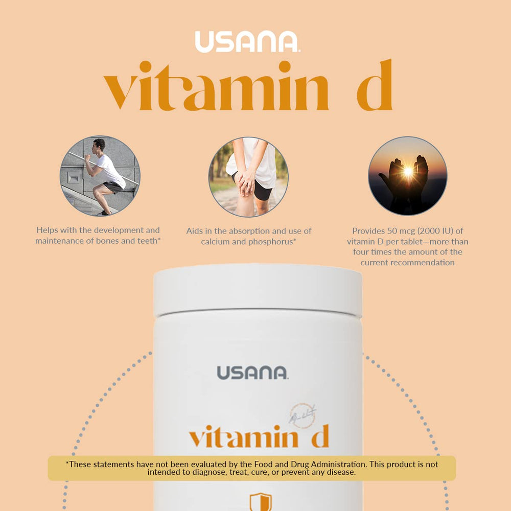 Pouring USANA Vitamin D tablets, illustrating convenient daily dosage.