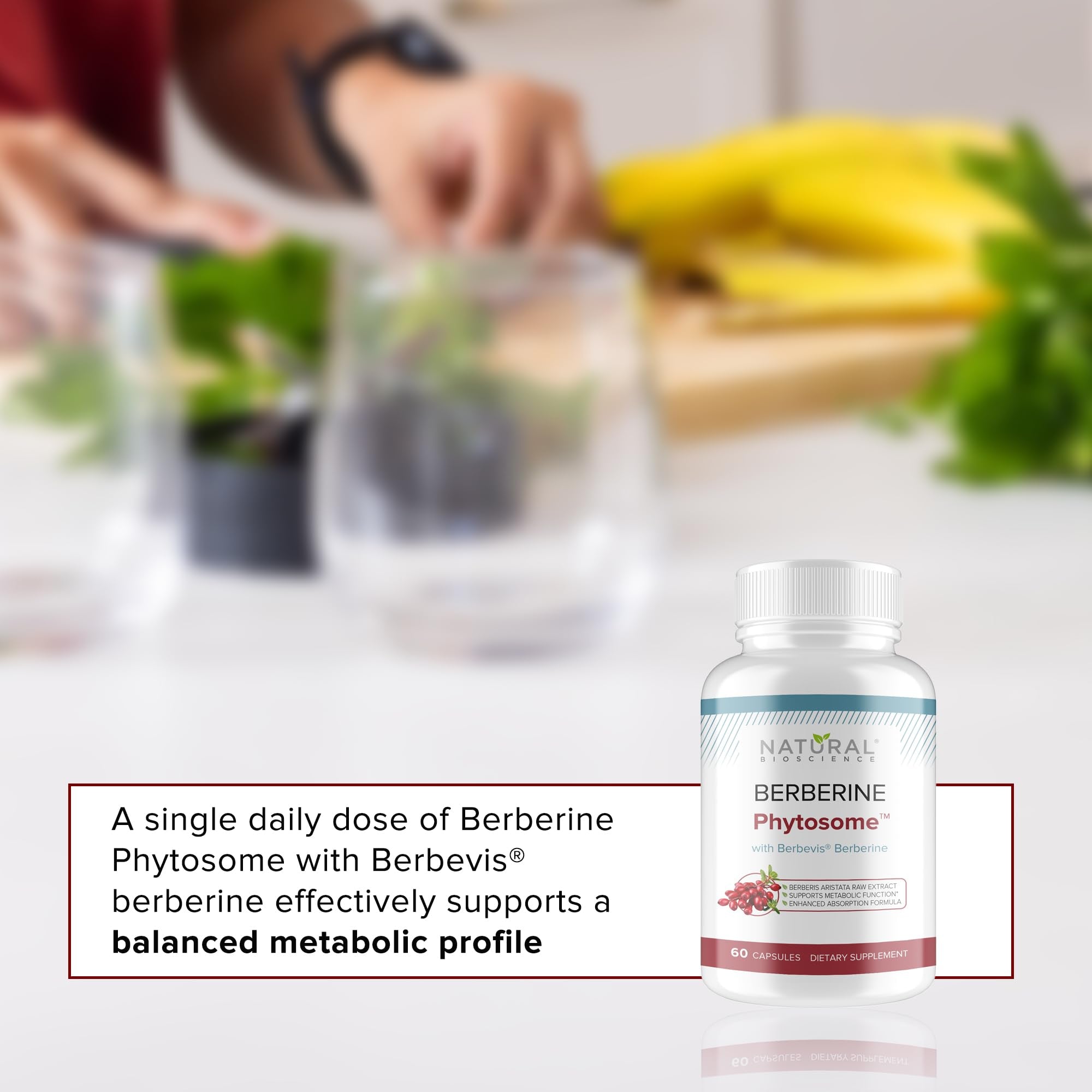 Product shot beside a glass of water for easy daily use with Berberine Phytosome.