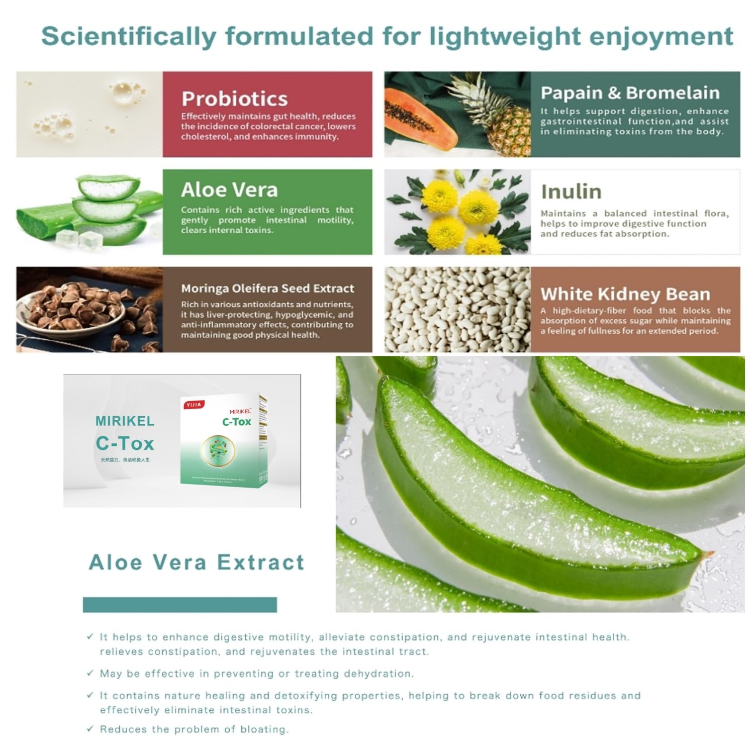 Usoway C-tox box highlights six probiotic strains and enzymes.