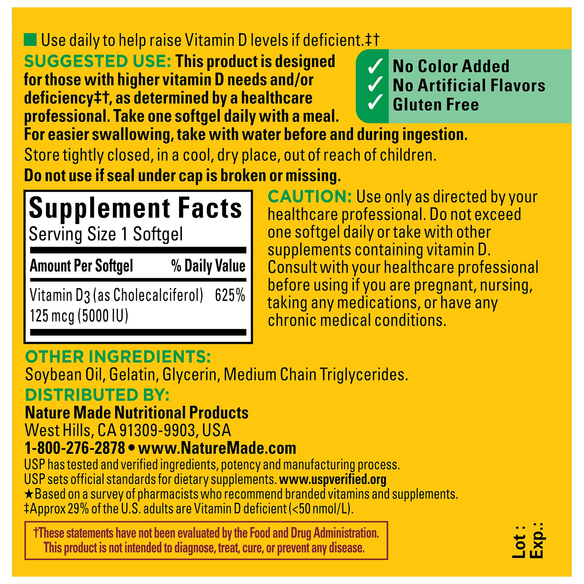 USP Verified Nature Made Vitamin D3 5000 IU softgels on shelf.