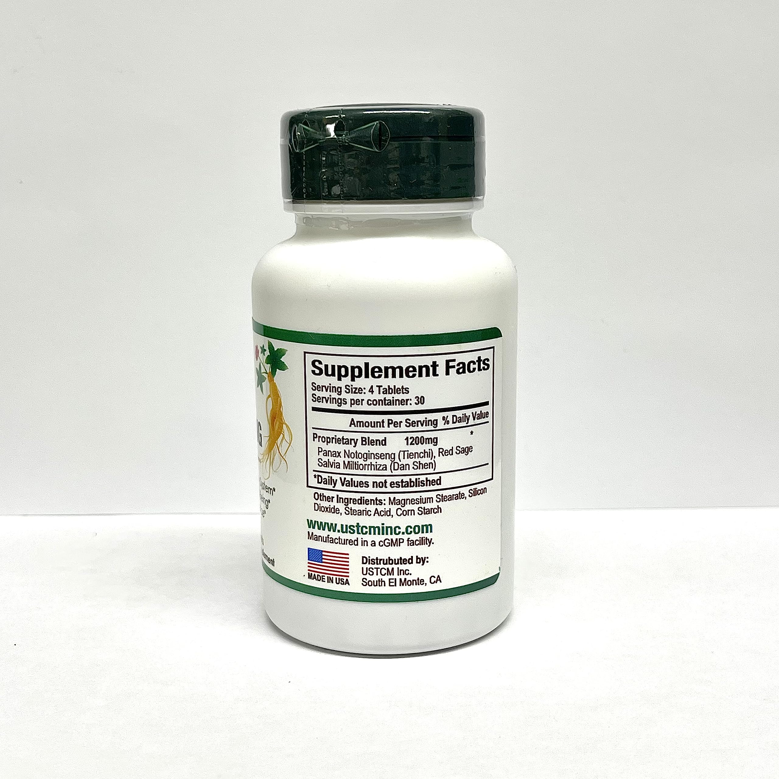 USTCM Panax Notoginseng Tablet ingredients close-up highlighting Panax Notoginseng and Red Sage