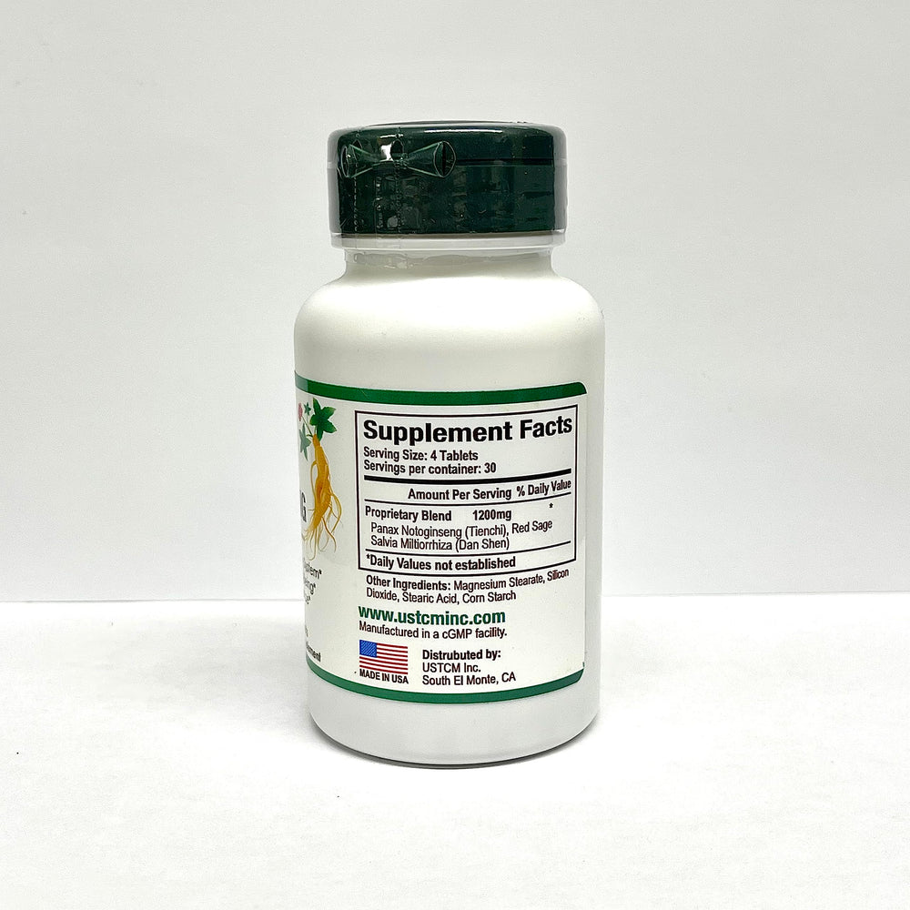 USTCM Panax Notoginseng Tablet ingredients close-up highlighting Panax Notoginseng and Red Sage