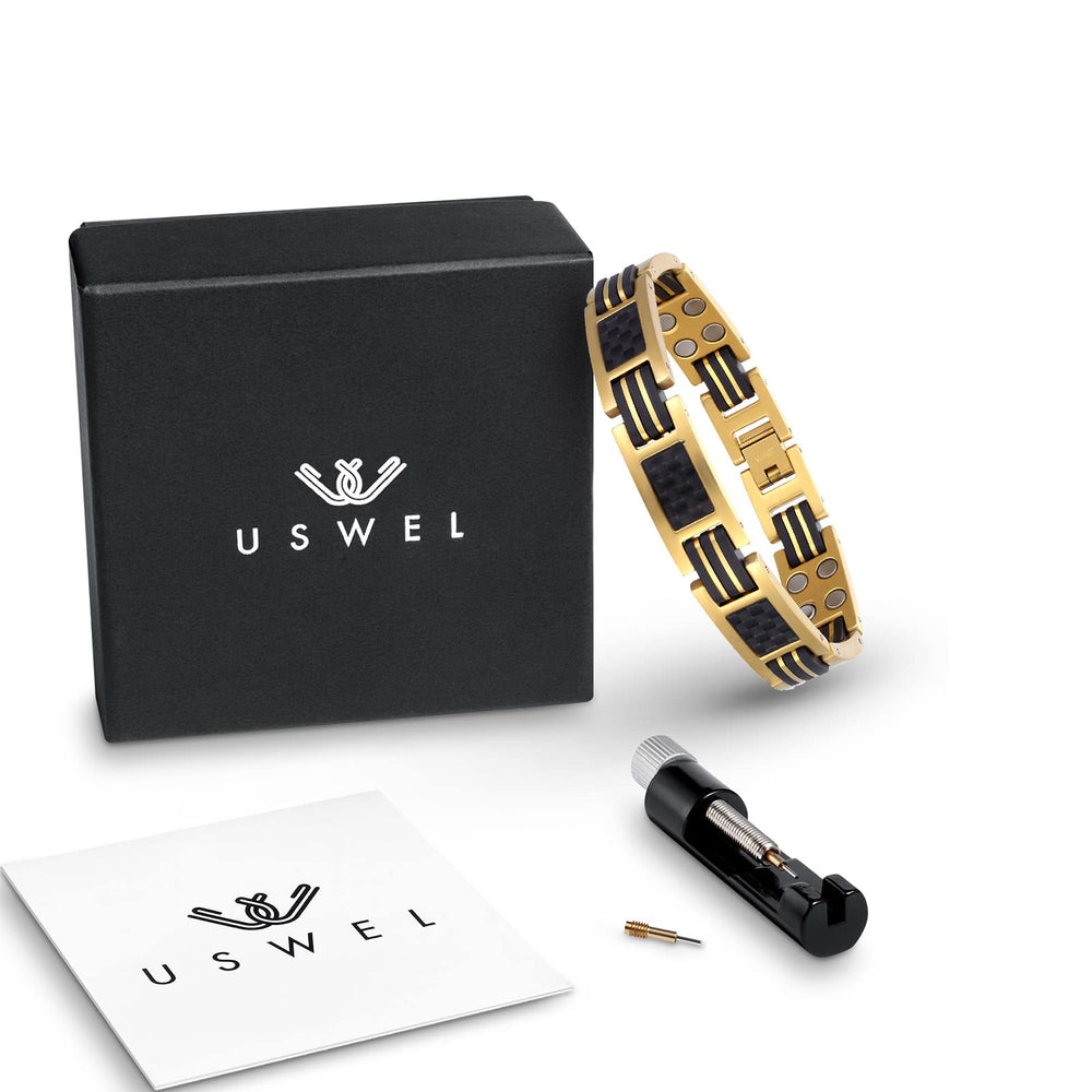 Inner magnet layout on the USWEL bracelet suggests targeted comfort.