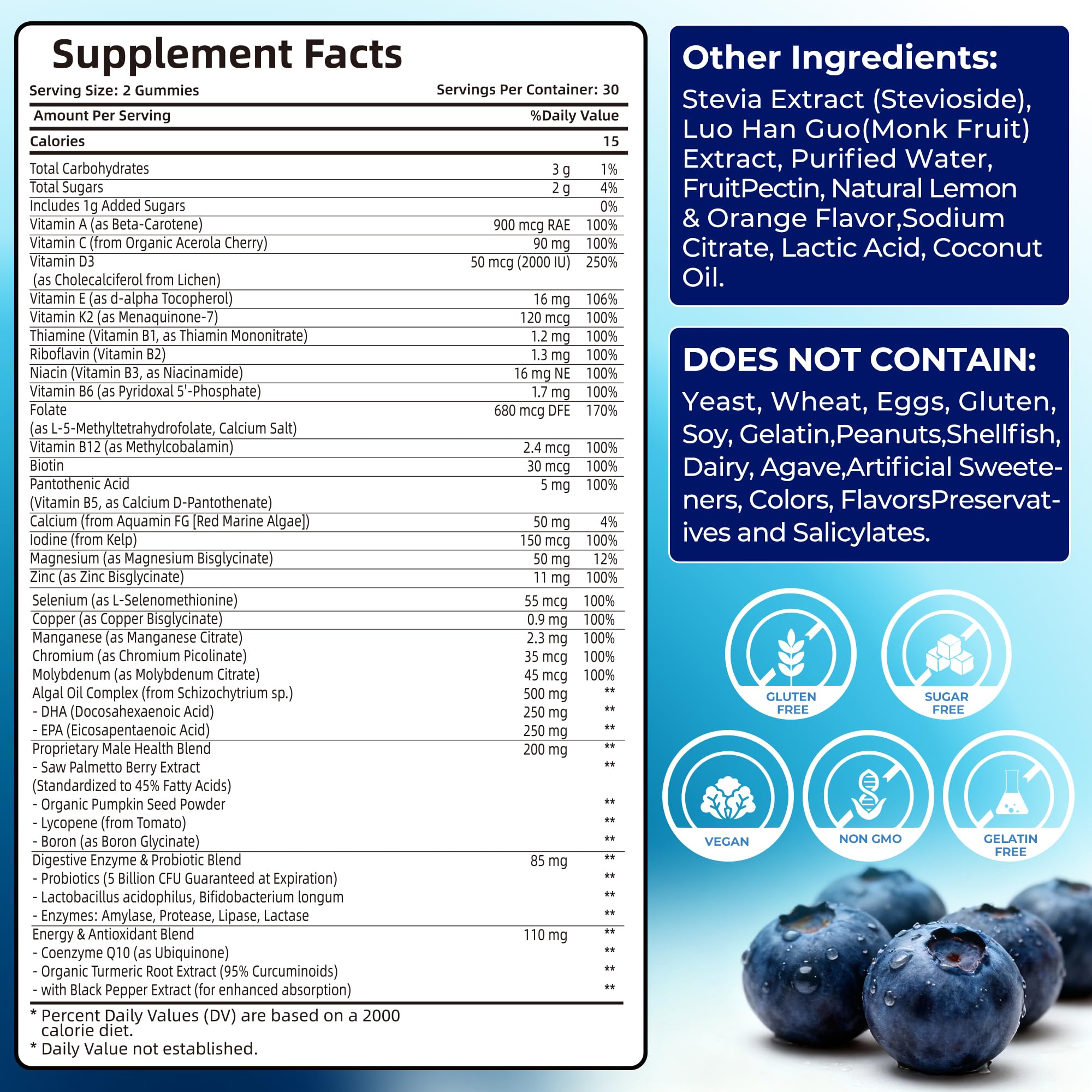 Utcils Mens Multivitamin Gummies bottle back lists ingredients for energy and heart support