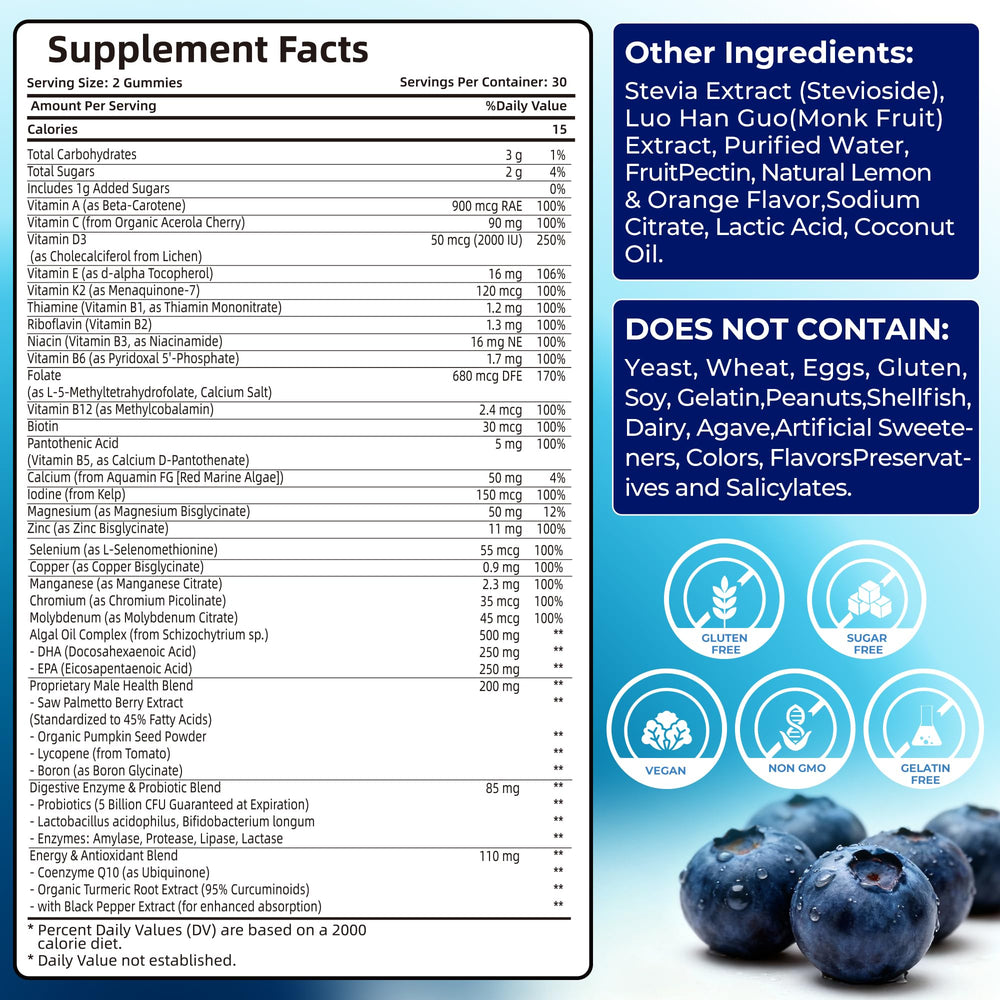 Utcils Mens Multivitamin Gummies bottle back lists ingredients for energy and heart support