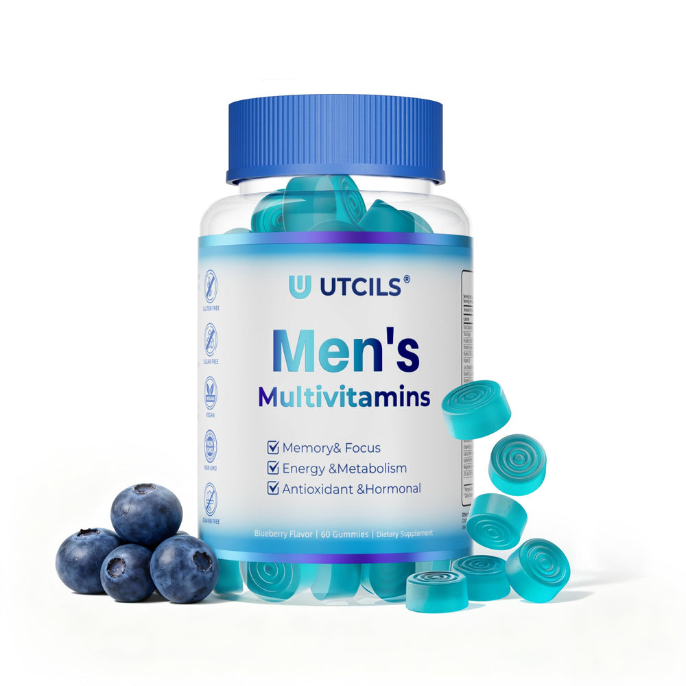 Utcils Mens Multivitamin Gummies bottle front highlighting 5 in 1 wellness blend