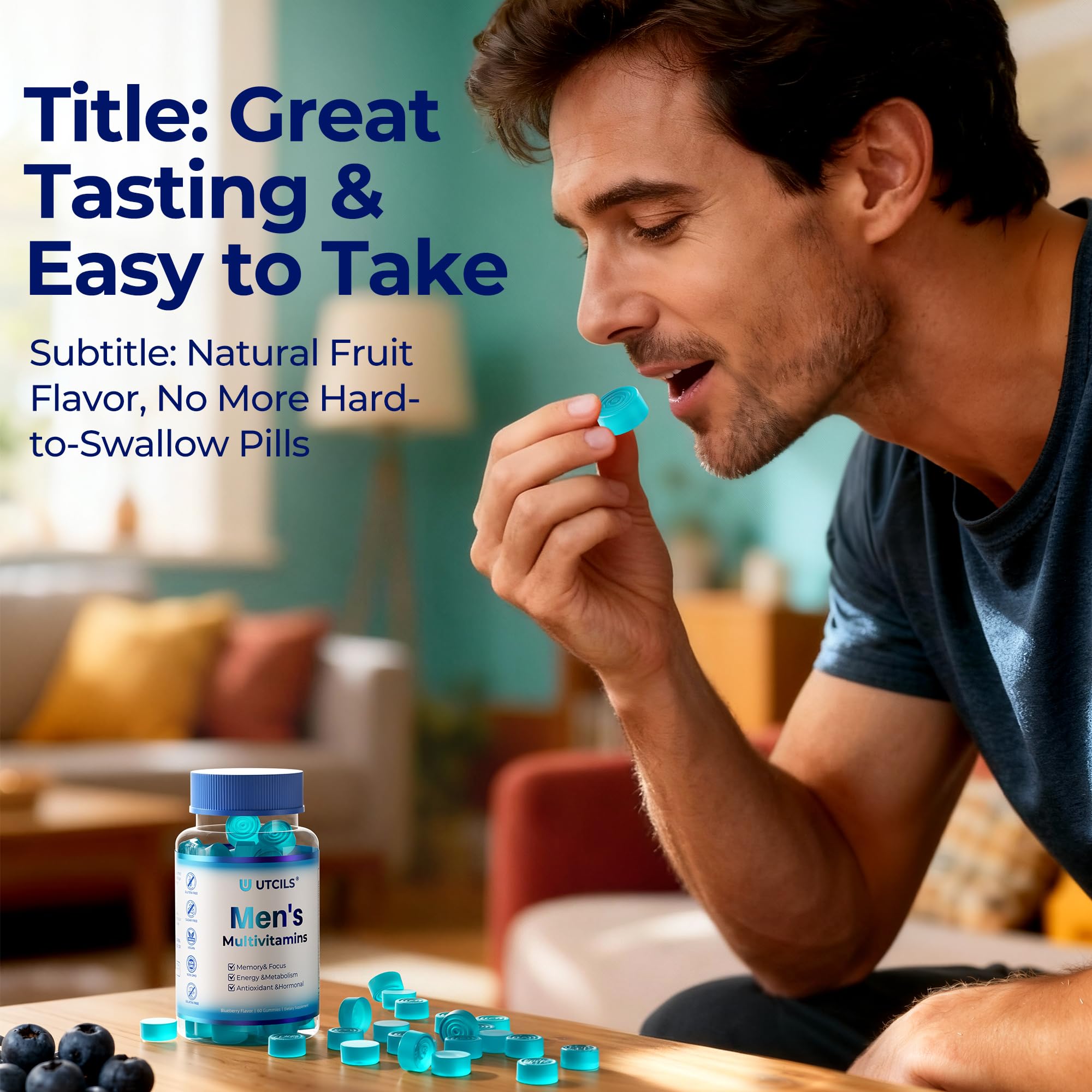 Utcils gummies being poured for easy daily dose and quick intake
