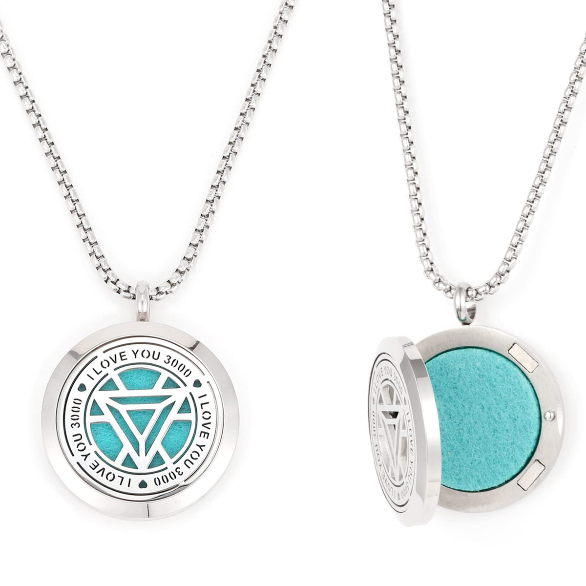 UTHOSMDO I Love You 3000 diffuser necklace close-up showing magnetic locket for mess-free diffusion.