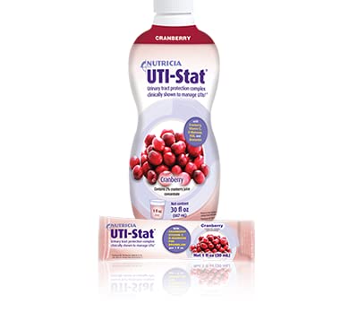 UTI-Stat Nutricia ingredients label highlights cranberry concentrate and key nutrients.