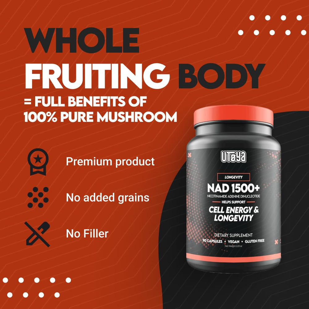 UTOYA NAD 1500+ packaging highlights real mushroom antioxidants.