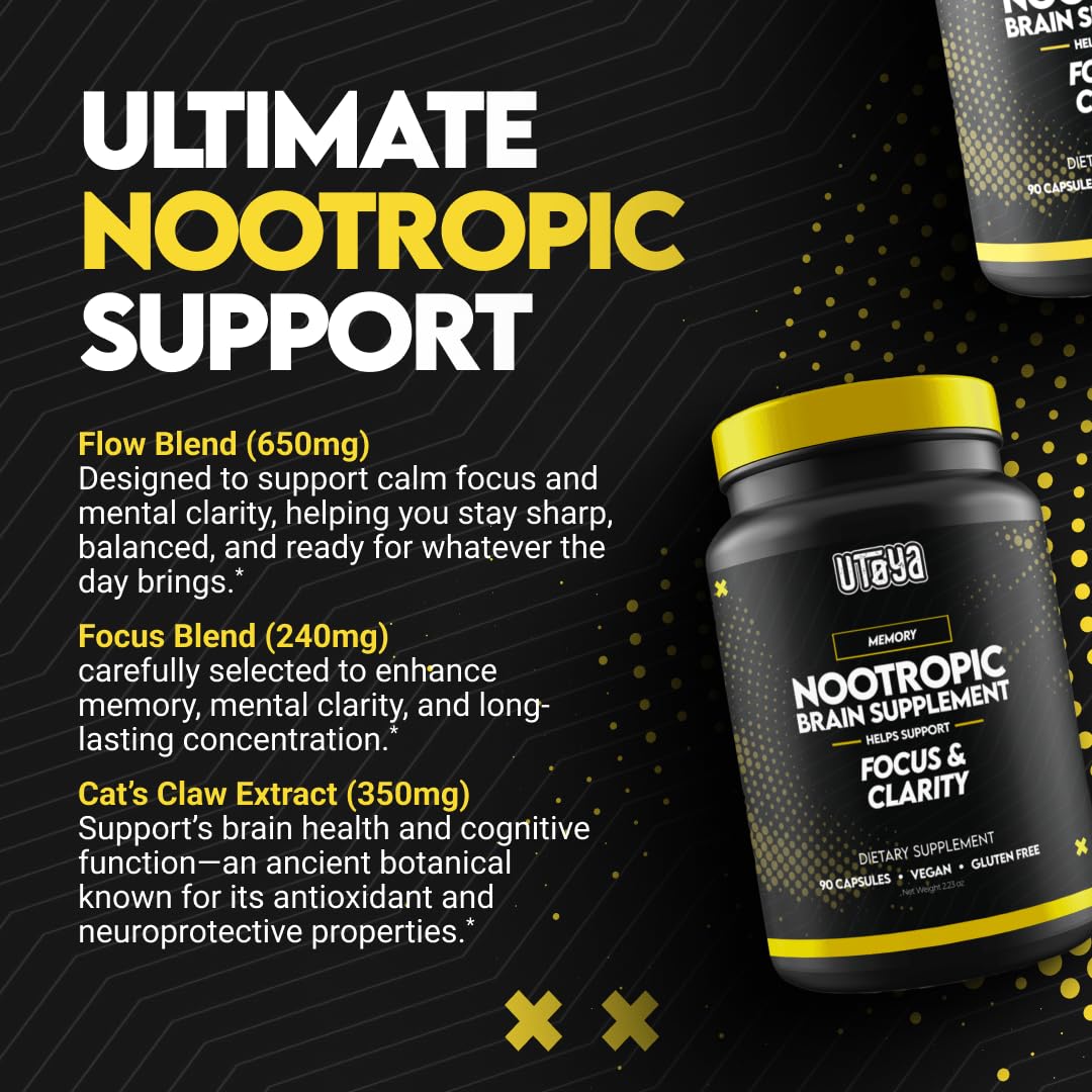 UTOYA capsules close-up highlighting vegan ingredients for cognitive support