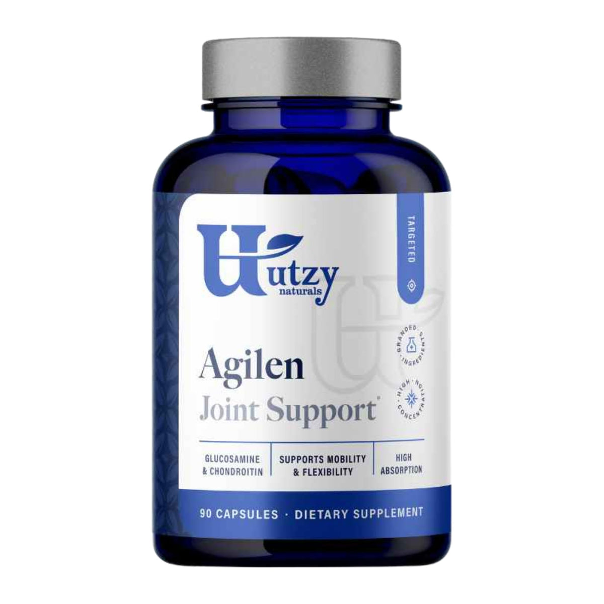 Utzy Naturals Agilen bottle label highlights glucosamine and chondroitin for joint support