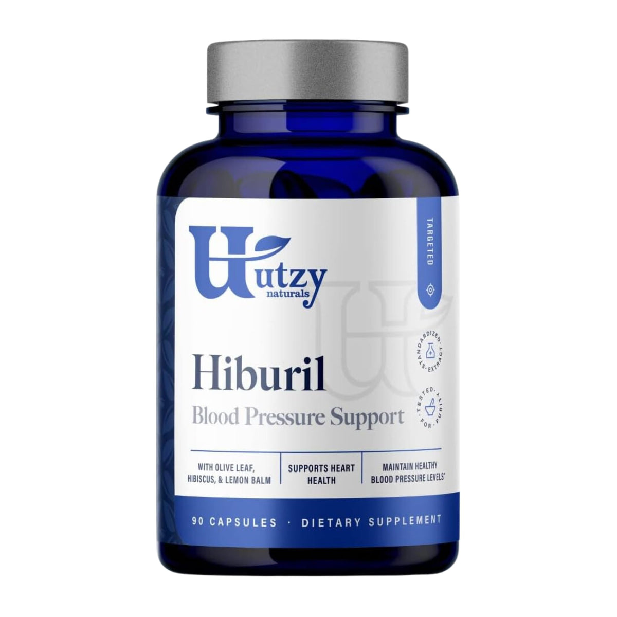 Utzy Naturals Hiburil bottle front view showing vegetarian capsules for daily support.