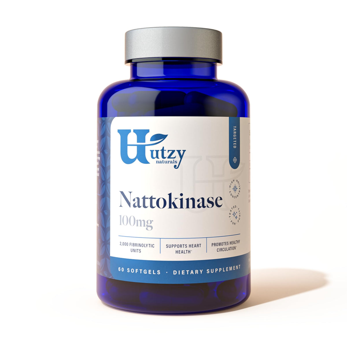 Utzy Naturals Nattokinase softgels bottle for convenient daily intake.