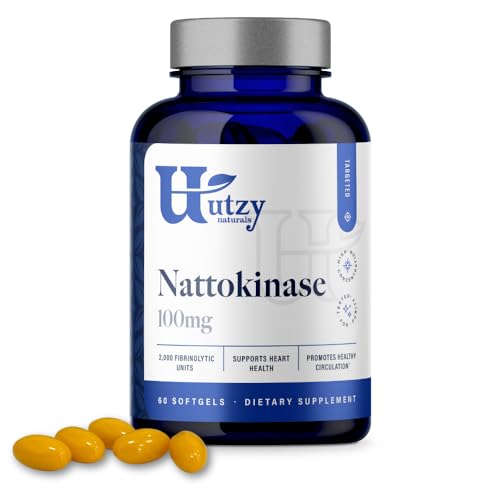 Close-up of Utzy Naturals nattokinase softgels emphasizing easy-to-swallow capsules.