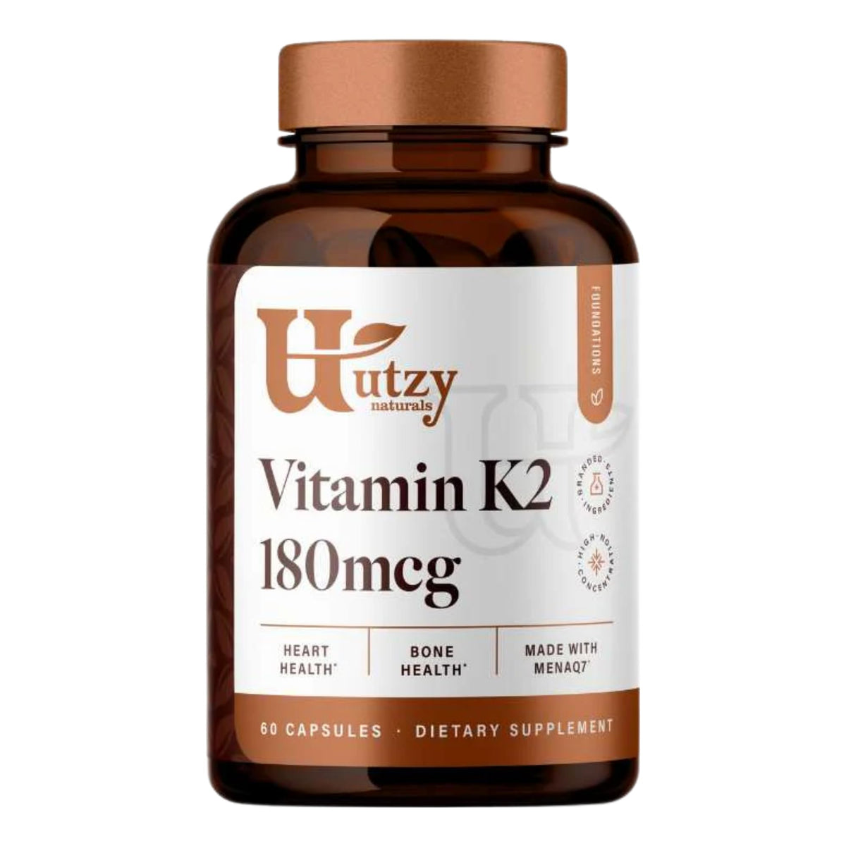 Utzy Naturals Vitamin K2 bottle on counter supports bone and teeth health