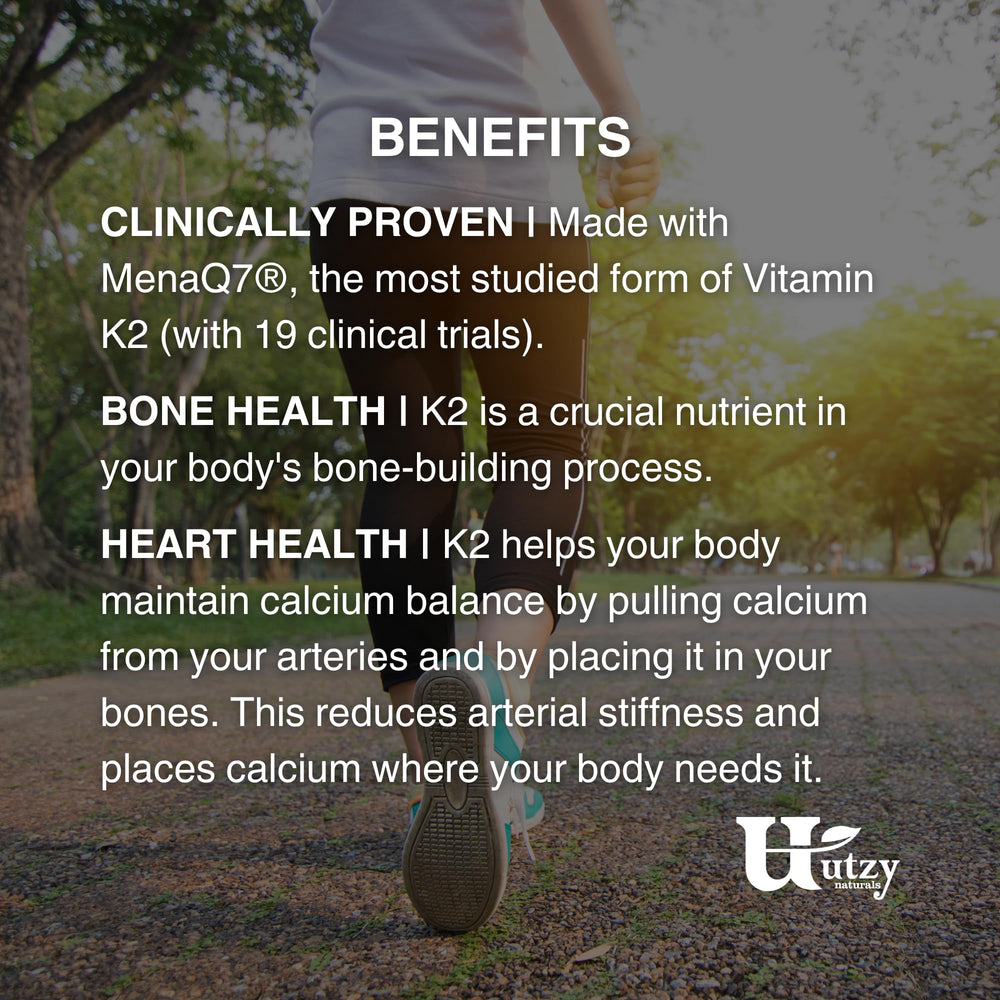 Packaging for Utzy Naturals Vitamin K2 with USA-made seal conveys quality
