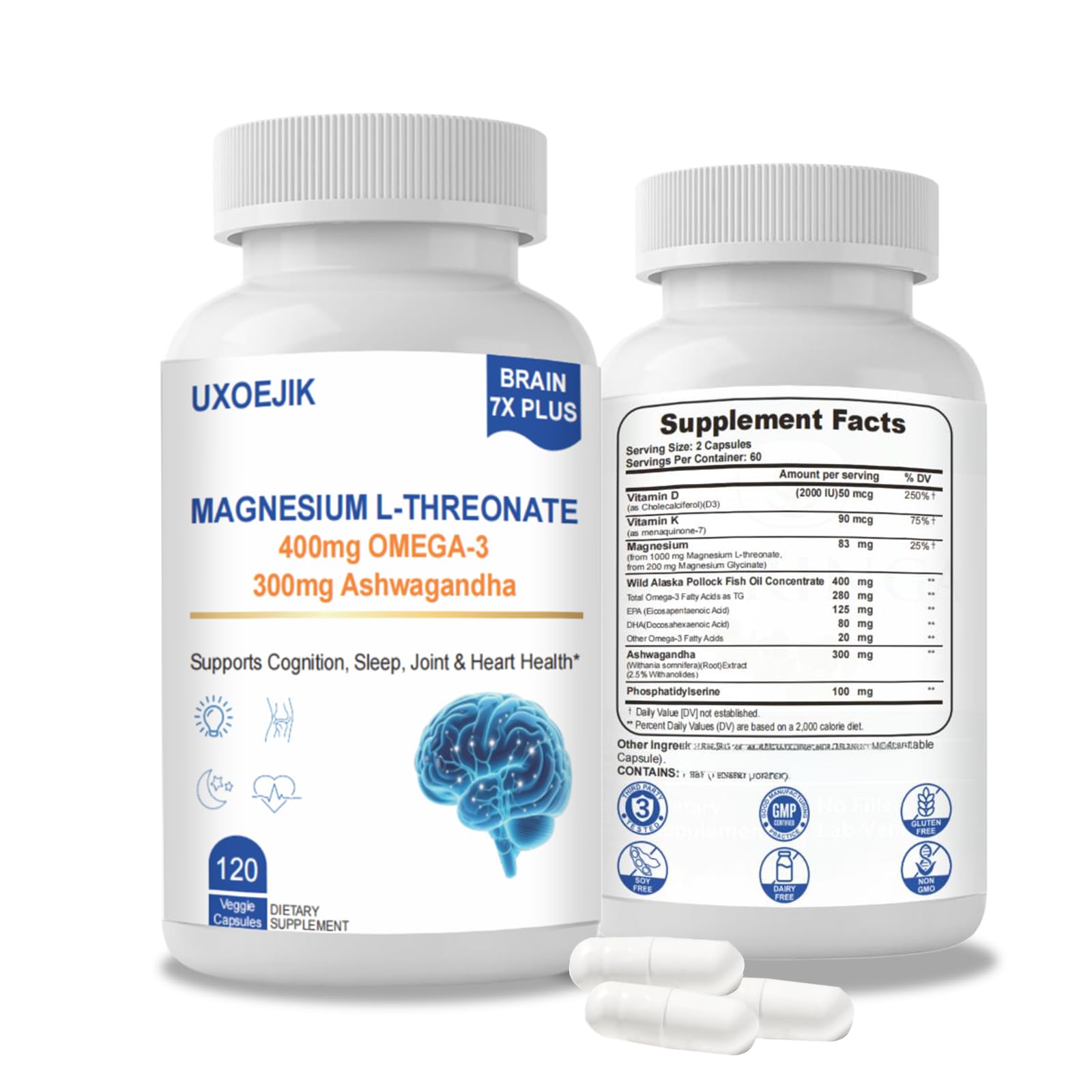 UXOEJIK Magnesium L-Threonate bottle with 2000mg formula for cognitive support.