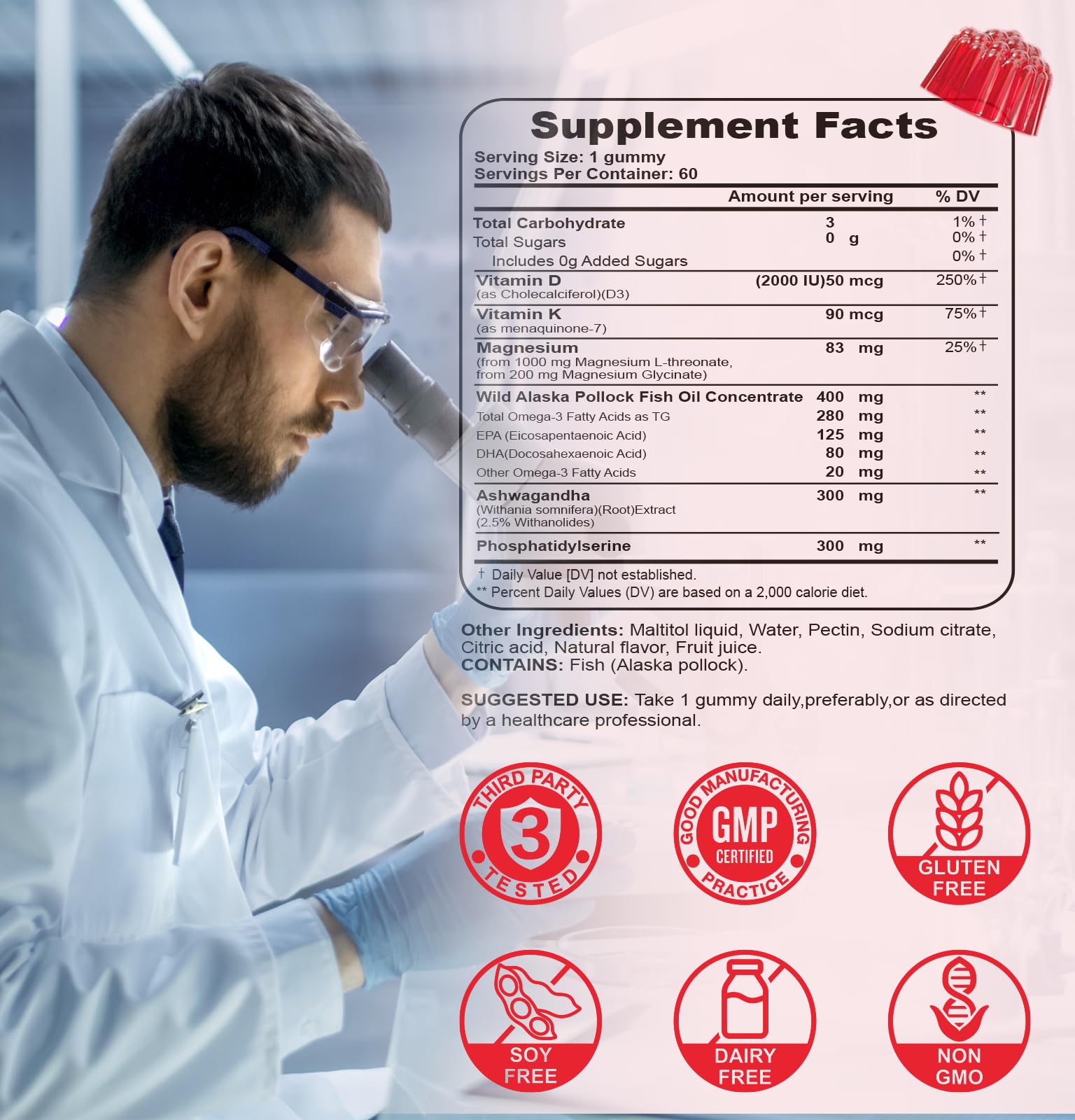 UXOEJIK Gummies label highlights vegan non-GMO formula for mindful living.