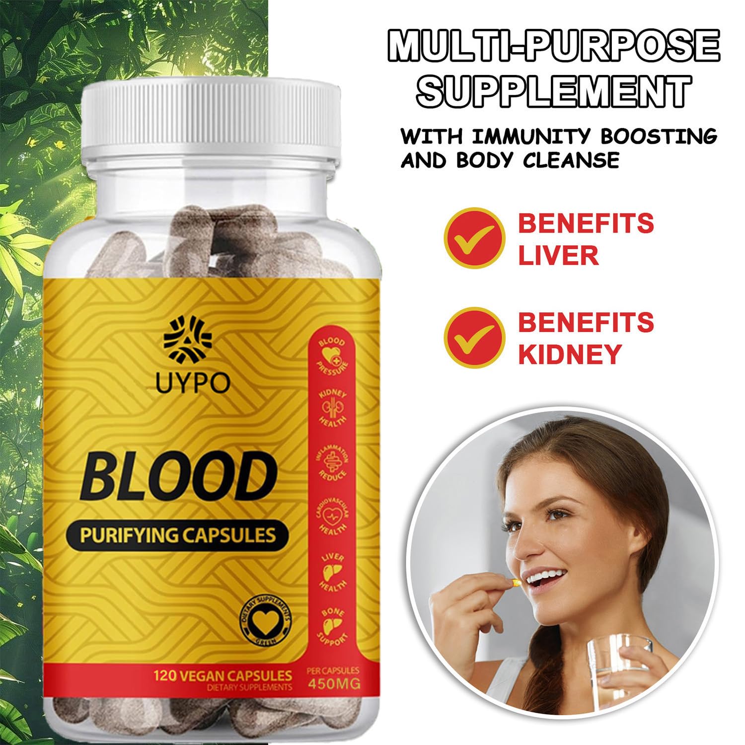 UYPO Blood Purifying Capsules vegan symbol and 450 mg text on the label.