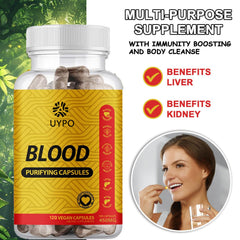 UYPO Blood Purifying Capsules vegan symbol and 450 mg text on the label.