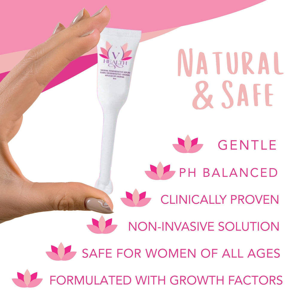 V-HEALTH Hydrating vaginal skin texture image suggests renewed softness.