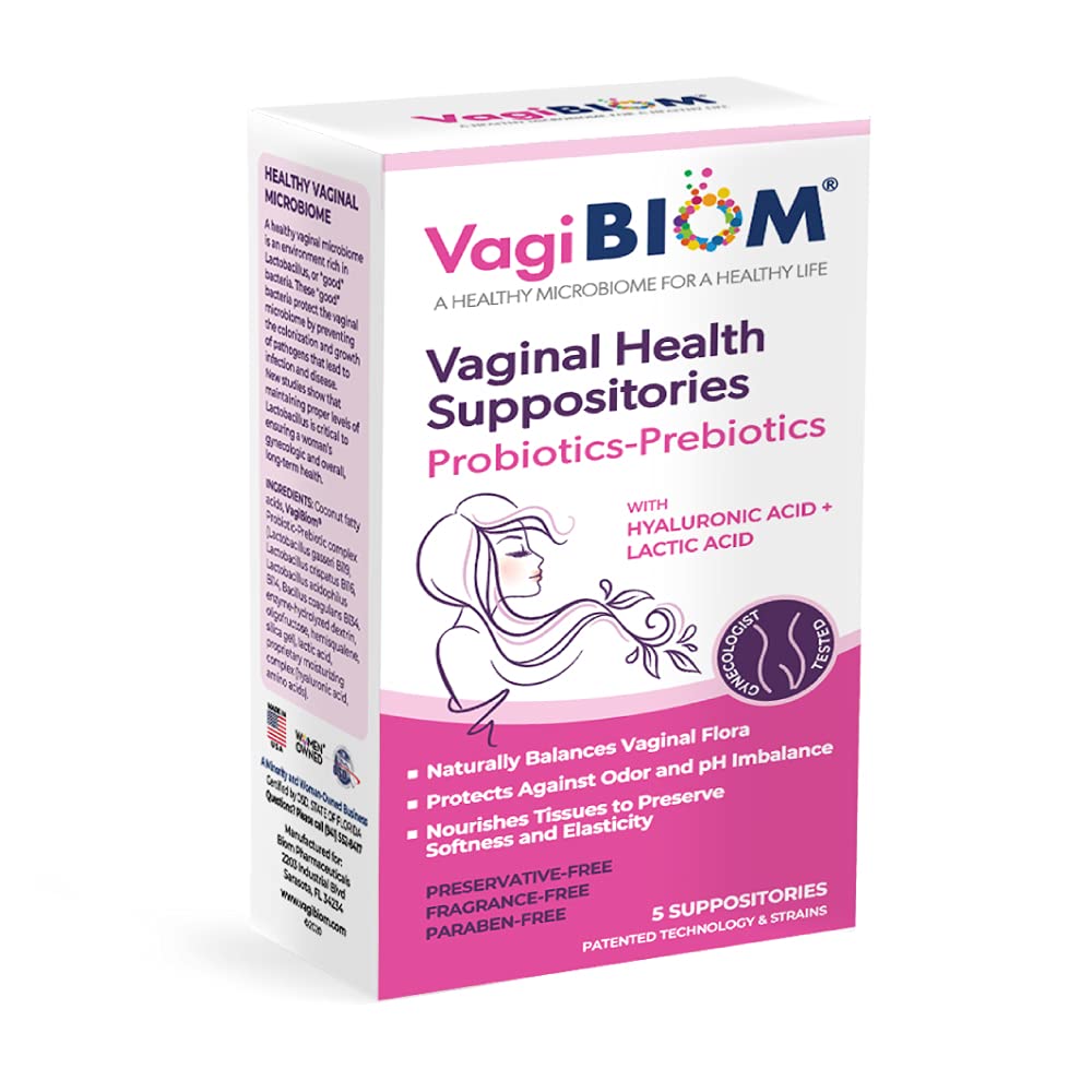 VagiBiom probiotic suppository box on a clean surface for balanced vaginal flora.