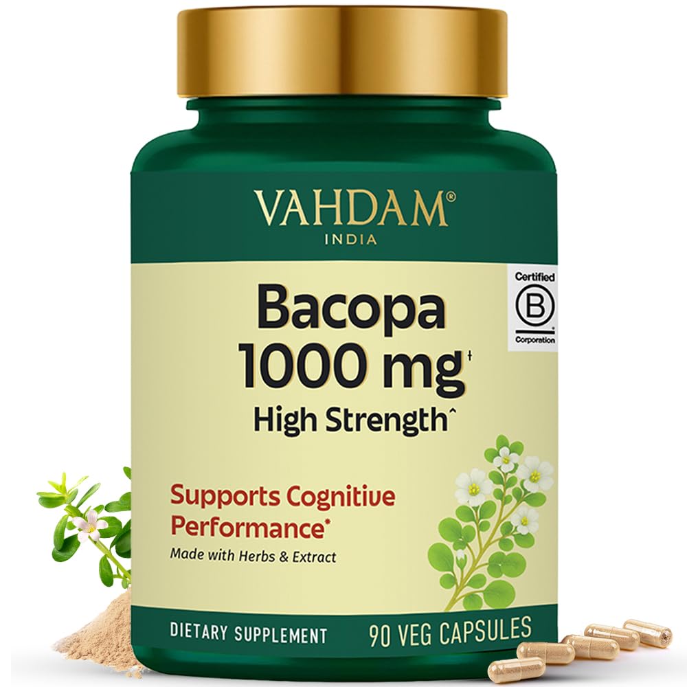 VAHDAM Bacopa Monnieri capsules bottle front, highlighting high-strength cognitive support.