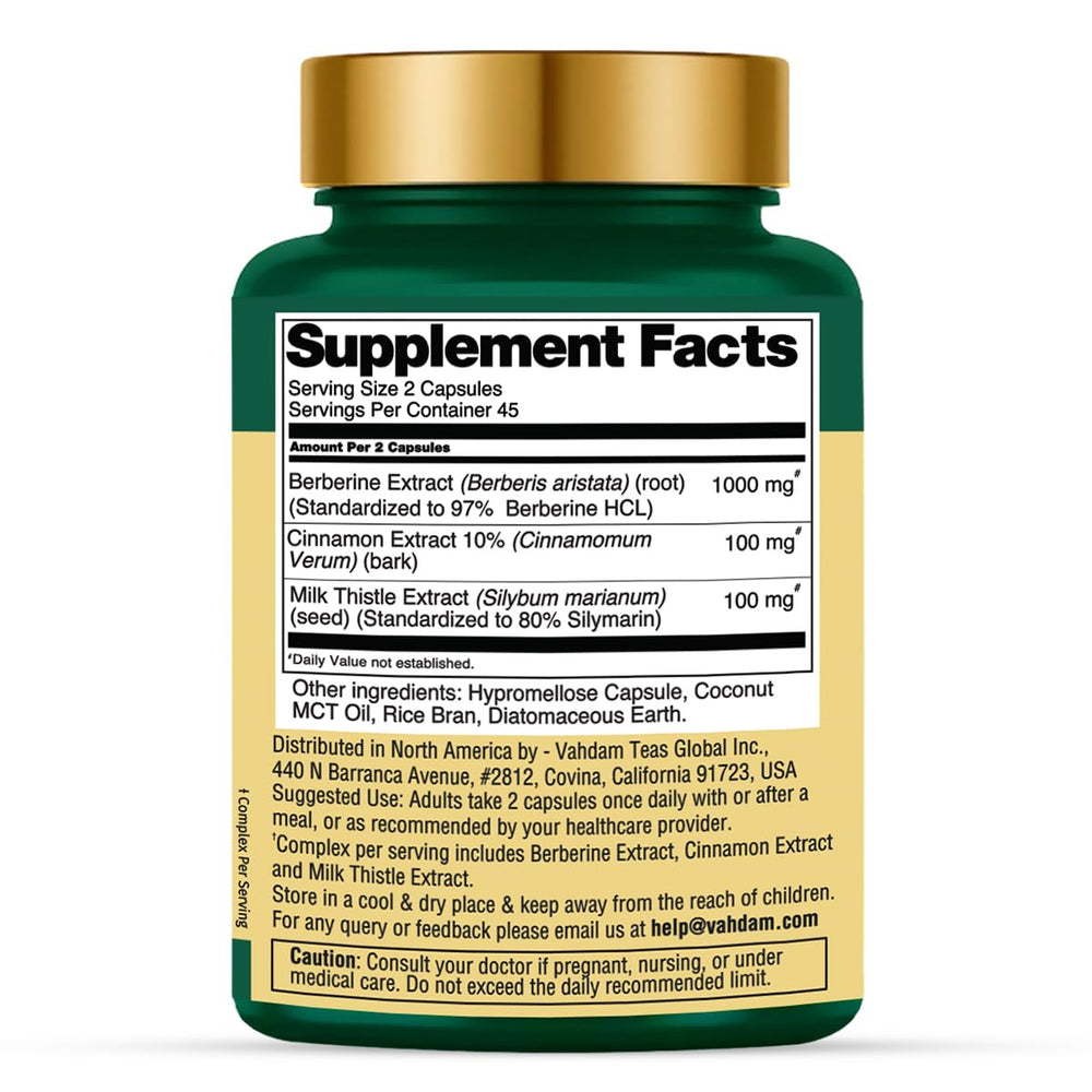 VAHDAM Berberine cinnamon capsules highlighting enhanced formulation