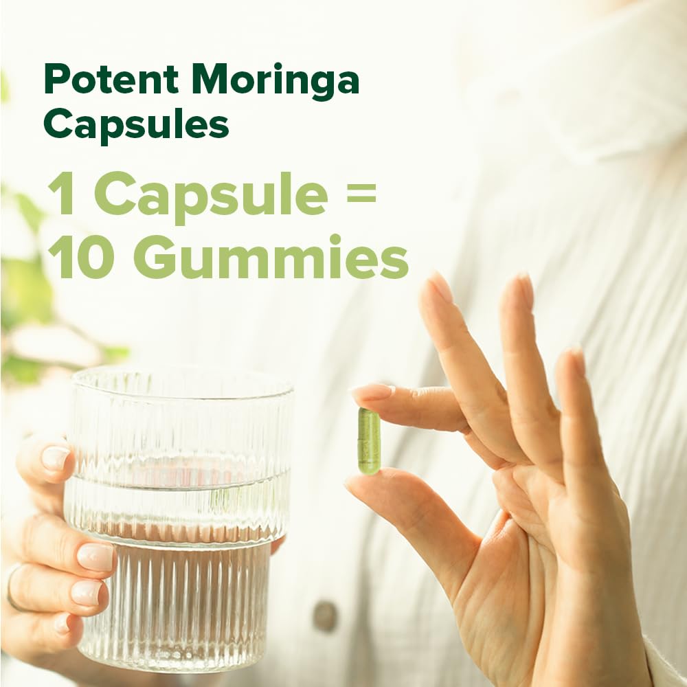 VAHDAM Moringa Capsules vegan and non-GMO certifications on packaging.