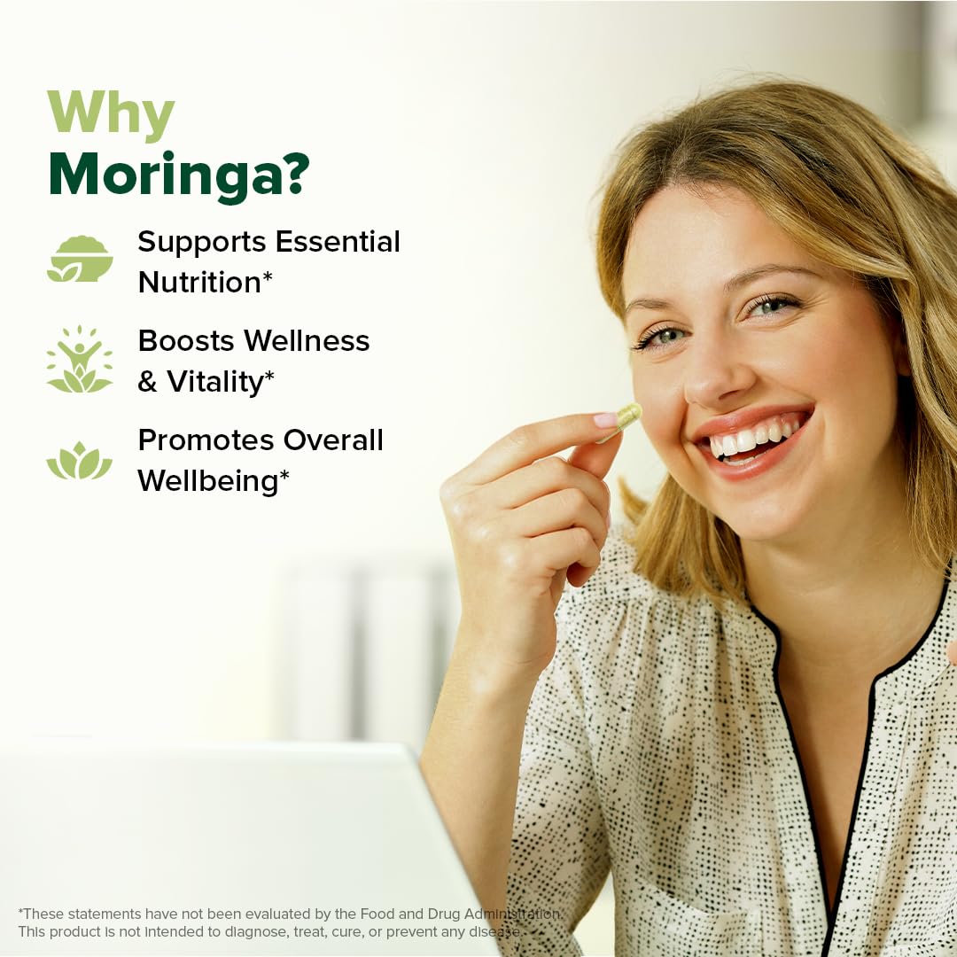 Close-up VAHDAM Moringa Capsules inside the bottle, potent formula.