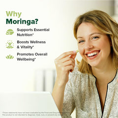 Close-up VAHDAM Moringa Capsules inside the bottle, potent formula.