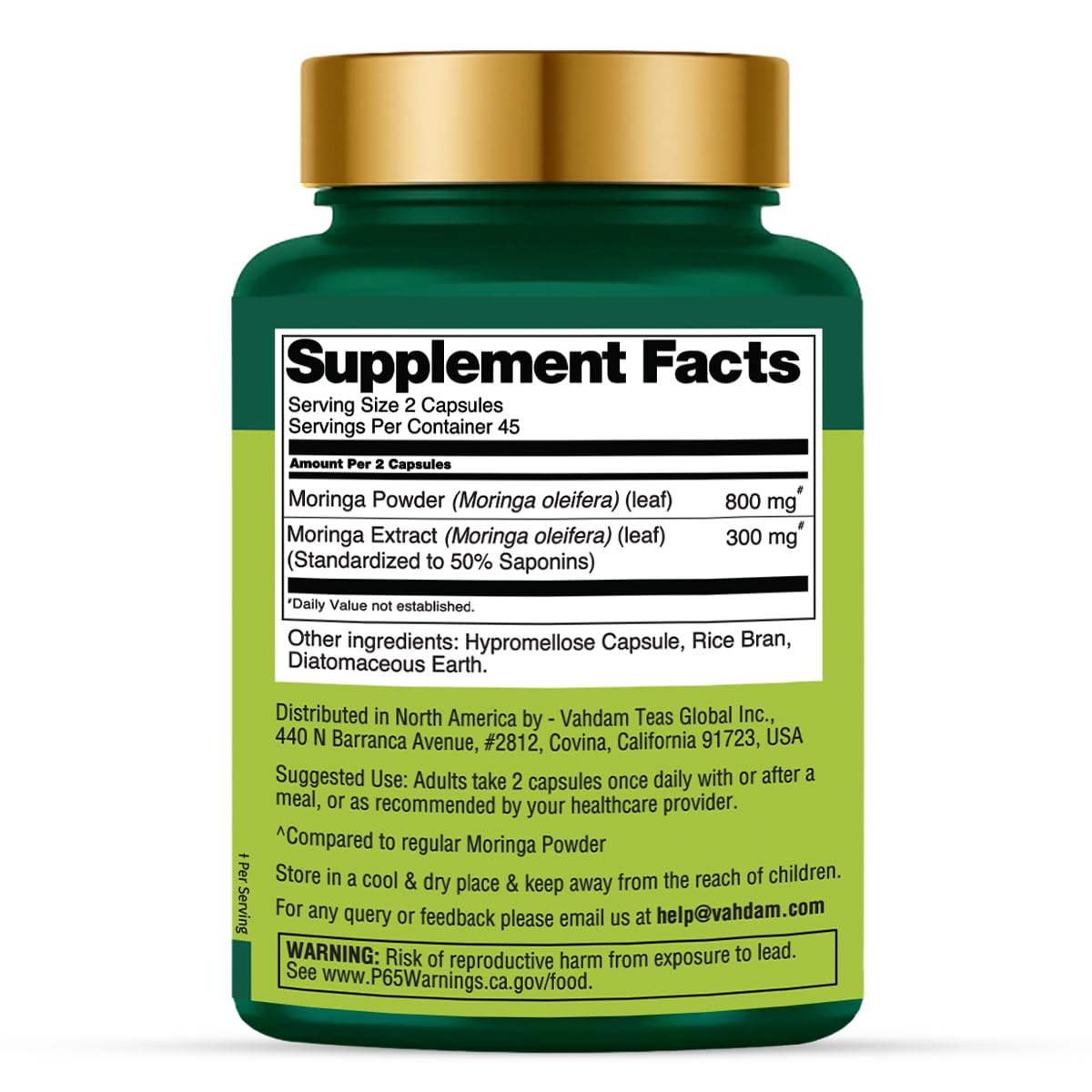VAHDAM Moringa Capsules label showing vegan ingredients.