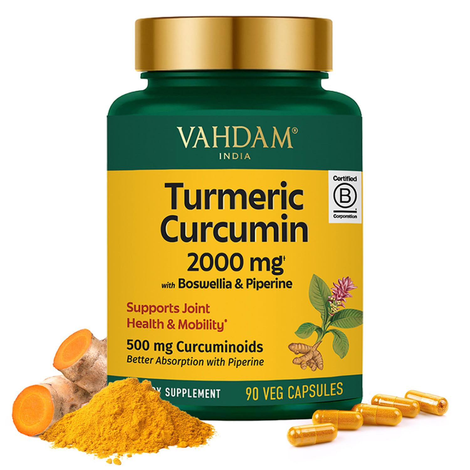 VAHDAM Turmeric Curcumin 2000mg bottle shown for daily joint support