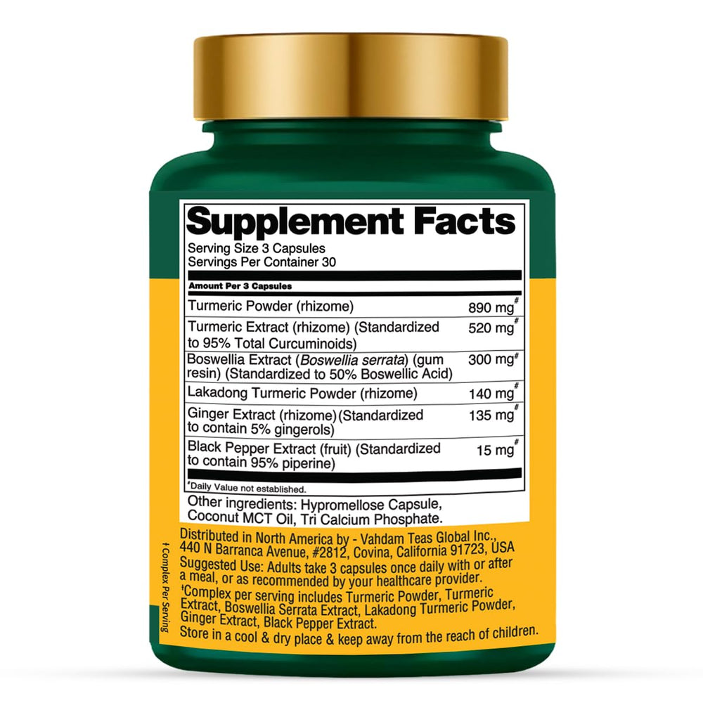 VAHDAM Curcumin with Boswellia and Piperine capsules ready for enhanced absorption